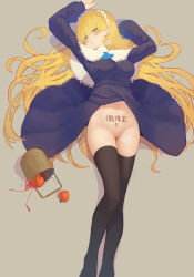 Rule 34 | 1girl, absurdres, black dress, black thighhighs, blonde hair, blue eyes, body writing, breasts, covered erect nipples, dress, hairband, highres, large breasts, long hair, long sleeves, looking at viewer, lying, nai (daiduolaoge), navel, on back, original, pussy, simple background, solo, thighhighs, very long hair