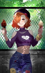 Rule 34 | 1girl, bangle, bare shoulders, beret, bracelet, breasts, brown eyes, brown hair, character request, closed mouth, clothing cutout, contrapposto, cowboy shot, crop top, denim, food, hair over one eye, hat, highres, ice cream, ice cream cone, jewelry, kanon (ntwewy), midriff, nail polish, outdoors, pants, purple shirt, red nails, shade, shin subarashiki kono sekai, shirt, shoulder cutout, skymax, small breasts, smile, solo, subarashiki kono sekai, thigh gap, turtleneck
