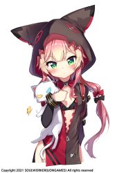 Rule 34 | 1girl, animal ears, backpack, bag, bell, black bra, bra, breasts, carrying, cat, chii aruel, closed mouth, cowboy shot, cropped torso, cuffs, darnell, detached sleeves, fake animal ears, gradient hair, green eyes, grey hoodie, handcuffs, head tilt, highres, hood, hoodie, jingle bell, long hair, looking at viewer, multicolored hair, official art, open clothes, open hoodie, pelvic curtain, pink hair, revealing clothes, simple background, small breasts, solo, soulworker, stomach, two-tone hoodie, underwear, unzipped, white background, white cat