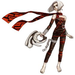 Rule 34 | 1girl, bare shoulders, barefoot, black eyes, capri pants, chain, detached sleeves, dress, earrings, elbow gloves, feet, flat chest, gloves, gun, jewelry, official art, orta, pale skin, pants, panzer dragoon, panzer dragoon orta, scarf, sega, short hair, silver hair, simple background, solo, strapless, strapless dress, tube dress, weapon