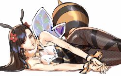Rule 34 | 1girl, alternate costume, antennae, arthropod girl, bee costume, bee girl, black leotard, breasts, brown hair, cleavage, curvy, fake wings, final fantasy, final fantasy vii, final fantasy vii remake, fishnet pantyhose, fishnets, flower, hair flower, hair ornament, highleg, highleg leotard, highres, honey bee inn, insect girl, insect wings, jimbobox, large breasts, leotard, lips, lying, nose, on side, pantyhose, red eyes, see-through, solo, tifa lockhart, v arms, wings, wrist cuffs