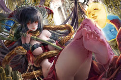 Rule 34 | 1girl, bare shoulders, barefoot, black hair, breasts, commentary request, covered erect nipples, crossed legs, detached sleeves, dress, ecchi1008816, feather trim, fingernails, hair between eyes, highres, holding, holding staff, large breasts, licking lips, long hair, looking at viewer, orange eyes, red dress, revealing clothes, sharp fingernails, sitting, slit pupils, snake, staff, thighs, tongue, tongue out, tower of saviors, underboob