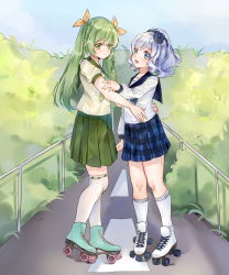 Rule 34 | 2girls, blue eyes, blue hair, character request, green eyes, green hair, green skirt, hair ribbon, hand on another&#039;s arm, hand on another&#039;s waist, highres, kneehighs, looking at another, multiple girls, okazakileo, plaid, plaid skirt, railing, ribbon, roller skates, school uniform, sigsbee (warship girls r), skates, skirt, socks, uniform, warship girls r, yuri
