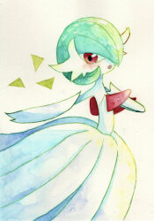 Rule 34 | bob cut, colored skin, creatures (company), dress, elbow gloves, game freak, gardevoir, gen 3 pokemon, gloves, green hair, hair over one eye, highres, looking at viewer, mega gardevoir, mega pokemon, nintendo, nnnnn48, painting (medium), pink eyes, pokemon, pokemon (creature), simple background, strapless, strapless dress, traditional media, watercolor (medium), white dress, white gloves, white skin