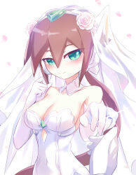 Rule 34 | 1girl, absurdres, aile (mega man zx), blush, breasts, bridal gauntlets, brown hair, cleavage, covered navel, dress, gem, green eyes, highres, jewelry, large breasts, long hair, looking at viewer, mega man (series), mega man zx, mega man zx advent, ponytail, ring, robot ears, solo, veil, wedding dress, white bridal gauntlets, white dress, zerokun135