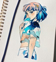 Rule 34 | 1girl, aqua hair, artist name, bad id, bad instagram id, breasts, cloud, cowboy shot, crop top, food, from side, hair ornament, holding, holding food, looking at viewer, meyoco, midriff, original, parted lips, photo (medium), pink hair, popsicle, print shirt, shirt, short hair, short sleeves, sky print, solo, star (symbol), traditional media, twilight, wave print, waves