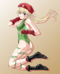 Rule 34 | 1girl, ass, bad id, bad pixiv id, blonde hair, blue eyes, boots, breasts, cammy white, cammy white (cosplay), capcom, cosplay, female focus, full body, gloves, gradient background, hat, highres, leotard, mario (series), nintendo, princess peach, solo, street fighter, tamamon, thong leotard