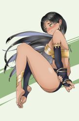 Rule 34 | 1girl, absurdres, anklet, arms behind back, artist name, asymmetrical clothes, bare shoulders, barefoot, bikini, black bikini, black hair, black legwear, blush, breasts, bustier, closed mouth, cosplay, dark-skinned female, dark skin, detached sleeves, ear blush, embarrassed, fate (series), feet, female focus, fingerless gloves, from side, full body, gloves, gold trim, green background, green eyes, highres, ishtar (fate), jewelry, large breasts, legs, legs up, long hair, looking away, nagare sara, parted bangs, plantar flexion, prism project, solo, stirrup legwear, swimsuit, sycranet, thighs, toeless legwear, toenails, virtual youtuber, wavy mouth