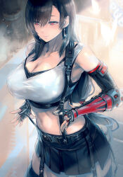 Rule 34 | 1girl, arm guards, armpit crease, asymmetrical bangs, bare shoulders, black gloves, black hair, black skirt, black sports bra, black thighhighs, breasts, cleavage, collarbone, commentary request, cowboy shot, crop top, earrings, elbow gloves, elbow pads, final fantasy, final fantasy vii, final fantasy vii remake, fingerless gloves, glint, gloves, hair behind ear, hair between eyes, highres, jewelry, large breasts, long hair, low-tied long hair, maeshima shigeki, midriff, navel, pink lips, pleated skirt, red eyes, shirt, skirt, smile, solo, sports bra, standing, suspender skirt, suspenders, suspenders pull, swept bangs, tank top, taut clothes, taut shirt, teardrop earring, thighhighs, thighs, tifa lockhart, white tank top, zettai ryouiki