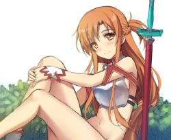 Rule 34 | 10s, 1girl, armor, asuna (sao), blush, bottomless, breastplate, brown eyes, brown hair, long hair, long legs, navel, revision, sitting, smile, solo, sword, sword art online, thighs, tonee, weapon, white armor