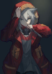 Rule 34 | 1girl, absurdres, animal ear fluff, animal ears, arknights, coat, dagger, fur coat, gas mask, grey background, grey eyes, grey hair, highres, holding, holding dagger, holding knife, holding weapon, knife, long sleeves, looking at viewer, mask, miike (992058), parted lips, projekt red (arknights), red coat, reverse grip, short hair, solo, upper body, weapon, wolf ears, wolf girl