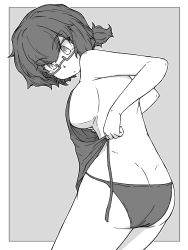 Rule 34 | 1girl, absurdres, ass, back, bikini, breasts, closed mouth, commentary, cowboy shot, from behind, girls und panzer, glasses, greyscale, highres, looking at viewer, looking back, medium breasts, messy hair, monochrome, oryou (girls und panzer), outside border, renshiu, semi-rimless eyewear, short hair, short ponytail, solo, standing, string bikini, swimsuit, under-rim eyewear, untied bikini