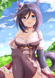 Rule 34 | 1girl, :d, animal ears, bad id, bad pixiv id, black hair, black sleeves, black thighhighs, blue eyes, blue sky, blush, breasts, cleavage, cloud, commentary request, day, eishin flash (umamusume), hair between eyes, hand up, highres, horse ears, horse girl, horse tail, knee up, layered sleeves, long sleeves, medium breasts, open mouth, outdoors, puffy short sleeves, puffy sleeves, red skirt, short over long sleeves, short sleeves, sitting, skirt, sky, smile, solo, striped clothes, striped skirt, tail, teeth, thighhighs, umamusume, upper teeth only, vertical-striped clothes, vertical-striped skirt, white sleeves, xenon (for achieve)