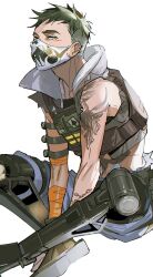 Rule 34 | 1boy, absurdres, animification, apex legends, arm tattoo, arms between legs, bad id, bad twitter id, bandaged arm, bandages, blue shorts, blush, brown vest, cropped vest, green eyes, green hair, highres, indian style, looking to the side, male focus, mask, mechanical legs, mouth mask, octane (apex legends), short hair, shorts, simple background, sitting, solo, spade (shape), tattoo, thundergotch, torn clothes, torn shorts, undercut, vest, white background