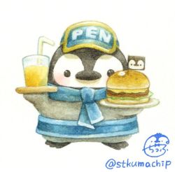 Rule 34 | animal focus, artist name, bird, black eyes, blue hat, blush, burger, cup, drinking straw, flag, food, hat, holding, holding plate, looking at viewer, no humans, original, penguin, plate, signature, simple background, st.kuma, twitter username, white background