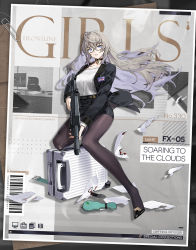 Rule 34 | 1girl, artist request, assault rifle, bespectacled, black choker, black footwear, black jacket, black pantyhose, black skirt, blue eyes, briefcase, character name, choker, collarbone, commentary, copyright name, english commentary, formal, full body, fx-05 (girls&#039; frontline), fx-05 (soaring to the clouds) (girls&#039; frontline), fx-05 xiuhcoatl, girls&#039; frontline, glasses, grey hair, gun, high heels, highres, holding, holding gun, holding weapon, id card, jacket, long hair, long sleeves, looking at viewer, office lady, official alternate costume, official art, open clothes, open jacket, pantyhose, patent heels, pencil skirt, promotional art, rectangular eyewear, rifle, semi-rimless eyewear, shoes, skirt, skirt suit, solo, stiletto heels, suit, torn clothes, torn pantyhose, trigger discipline, under-rim eyewear, weapon