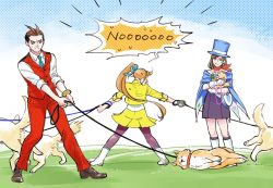 Rule 34 | 1boy, 2girls, ace attorney, animal, antenna hair, apollo justice, athena cykes, blue headwear, brown hair, cape, crescent, crescent earrings, cropped jacket, dog, pet walking, earrings, formal, gloves, hair ribbon, hat, holding, holding animal, holding leash, jacket, jewelry, leash, leash pull, long hair, magician, miniskirt, multiple girls, necktie, nekowosuu, orange hair, pants, pantyhose, partially fingerless gloves, phoenix wright: ace attorney - dual destinies, ponytail, red pants, red vest, ribbon, shirt, single earring, single glove, skirt, smile, speech bubble, top hat, trucy wright, vest, white shirt, yellow jacket