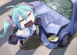 Rule 34 | 1girl, 39, accident, ahoge, aqua hair, aqua necktie, bare shoulders, black legwear, black skirt, black sleeves, car, car crash, chilei ohtzu, closed eyes, commentary, crack, cracked glass, crash, crosswalk, crying, detached sleeves, facing up, foreshortening, from above, grey shirt, hair ornament, hatsune miku, highres, license plate, long hair, miniskirt, motor vehicle, necktie, open mouth, pigeon-toed, pleated skirt, shirt, skirt, sleeveless, sleeveless shirt, solo, standing, twintails, very long hair, vocaloid