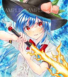 Rule 34 | 1girl, alto2019, black hat, blue hair, blue shirt, bow, bowtie, collared shirt, hat, hinanawi tenshi, holding, holding sword, holding weapon, leaf hat ornament, long hair, marker (medium), peach hat ornament, puffy short sleeves, puffy sleeves, red bow, red bowtie, red eyes, sample watermark, shirt, short sleeves, solo, sword, sword of hisou, touhou, traditional media, watermark, weapon