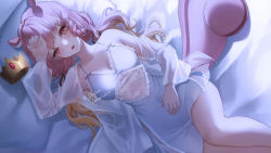 Rule 34 | 1girl, ame 816, animal ears, artist name, bare shoulders, bed, blonde hair, blue dress, blush, braid, breasts, character request, cleavage, clenched hand, collarbone, commission, copyright request, covering navel, crown, unworn crown, dress, dutch angle, gradient hair, hair between eyes, half-closed eyes, hand on own head, hand on own stomach, highres, lace, lace-trimmed dress, lace trim, large breasts, lingerie, long hair, looking at viewer, lying, multicolored hair, on back, parted lips, pillow, pink eyes, pink hair, see-through, solo, tail, twintails, two-tone hair, underwear, very long hair, watermark
