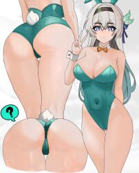 Rule 34 | 1girl, animal ears, anus, anus peek, aqua leotard, ass, ass focus, bare legs, black hairband, blue pupils, bow, bowtie, breasts, cleavage, commentary, covered navel, cowboy shot, detached collar, english commentary, firefly (honkai: star rail), gluteal fold, grey hair, hair between eyes, hairband, honkai: star rail, honkai (series), large breasts, leotard, long hair, looking at viewer, multiple views, orange bow, orange bowtie, playboy bunny, rabbit ears, rabbit tail, shiro (riaan 45), strapless, strapless leotard, tail, thigh gap, two-tone eyes, wrist cuffs