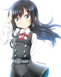 Rule 34 | 1girl, asashio (kancolle), belt, belt buckle, black dress, black hair, blue eyes, blush, bow, buckle, closed mouth, commentary request, dress, floating hair, grey belt, hair between eyes, head tilt, highres, kantai collection, long hair, long sleeves, pinafore dress, red bow, salute, school uniform, shirt, simple background, sleeveless, sleeveless dress, smile, solo, tamayan, twitter username, very long hair, white background, white shirt