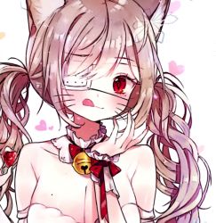 Rule 34 | 1girl, animal ears, artist request, brown hair, cat lingerie, character request, copyright request, eyepatch, lingerie, long hair, looking at viewer, medical eyepatch, meme attire, non-web source, solo, source request, twintails, underwear, upper body