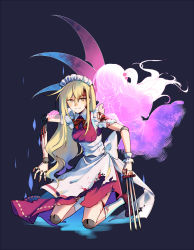 Rule 34 | 2girls, apron, aura, back bow, blonde hair, blood, blood on face, bow, breasts, commentary request, damaged, dress, highres, holding, holding sword, holding weapon, joints, long hair, maid, maid headdress, medium breasts, multiple girls, multiple wings, red dress, robot joints, shinki (touhou), squatting, sword, torn clothes, touhou, touhou (pc-98), weapon, white apron, white bow, wings, yellow eyes, yorktown cv-5, yumeko (touhou)