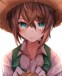 Rule 34 | 1girl, bad id, bad pixiv id, blush, brown hair, chigiri kurenai, collared shirt, commentary request, crying, emma woods, face, frown, gloves, green eyes, hair between eyes, hat, highres, identity v, looking at viewer, pulling, shirt, short hair, simple background, solo, straw hat, sun hat, suspenders, tears, white background, white gloves, white shirt