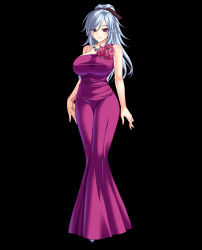 Rule 34 | 1girl, absurdres, bishop (company), black background, blue hair, breasts, dress, flower, hair ribbon, highres, hip focus, huge breasts, legs, long hair, looking at viewer, phi, pink eyes, ponytail, ribbon, rose, silicon magic, simple background, smile, solo, standing, thighs