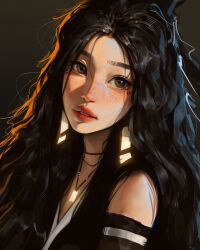 Rule 34 | 1girl, bare shoulders, black hair, brown eyes, brown hair, highres, long hair, looking at another, mole, mole under eye, open mouth, original, sam yang, simple background, solo