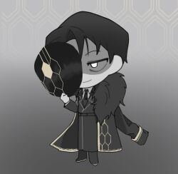 Rule 34 | 1boy, black cape, black coat, black footwear, black hair, black mask, black necktie, boots, cape, chibi, coat, collared shirt, feixu (ruin), fur-trimmed cape, fur trim, gold trim, hexagon print, holding, holding mask, library of ruina, mask, unworn mask, necktie, project moon, roland (project moon), shaded face, shirt, solo, tie clip, white eyes, white shirt