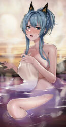 Rule 34 | 1girl, 462vvv, absurdres, blue eyes, blue hair, blush, breasts, goddess of victory: nikke, hair intakes, headgear, helm (nikke), highres, large breasts, long hair, naked towel, onsen, partially submerged, sitting, solo, towel, wet