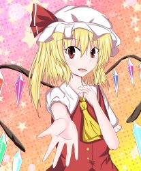 Rule 34 | 1girl, blonde hair, blouse, bow, collared shirt, flandre scarlet, gradient background, hair between eyes, hat, hat bow, highres, mob cap, naba (take tonbo), outstretched hand, red eyes, shirt, solo, star (symbol), touhou, white hat, white shirt, wings