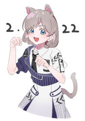 Rule 34 | 1girl, :3, animal ears, asymmetrical dress, black necktie, blue eyes, cat ears, cat tail, collared dress, commentary request, cropped torso, dress, extra ears, grey tail, highres, looking at viewer, love live!, love live! superstar!!, necktie, open mouth, paw pose, plaid, plaid dress, puffy short sleeves, puffy sleeves, shekira (love live!), short hair, short sleeves, solo, tail, tang keke, upper body, white background, white dress, ykepouty