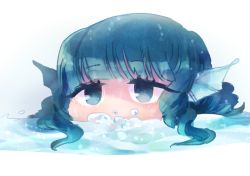 Rule 34 | 1girl, blue eyes, blue hair, blunt bangs, bubble, blowing bubbles, commentary, covered mouth, drill hair, fins, head fins, looking at viewer, medium hair, partially submerged, portrait, simple background, solo, syoumikigengire, touhou, wakasagihime, water, white background