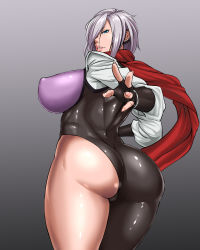 Rule 34 | 1girl, aqua eyes, ass, asymmetrical clothes, bodysuit, breasts, cameltoe, earrings, fingerless gloves, gloves, gradient background, grey background, hattori hanzo uruka, highres, huge ass, huge breasts, jewelry, lips, ml, red scarf, scarf, shiny skin, short hair, silver hair, single pantsleg, skin tight, smile, solo, thick thighs, thighs, yatagarasu (game)