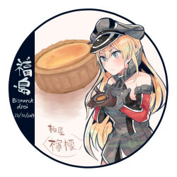 Rule 34 | 1girl, bare shoulders, bismarck (kancolle), bismarck drei (kancolle), blonde hair, blue eyes, blush, brown gloves, character name, closed mouth, collarbone, dated, detached sleeves, food, gloves, grey hat, hair between eyes, hat, holding, holding food, itomugi-kun, kantai collection, long hair, military, military uniform, peaked cap, solo, uniform