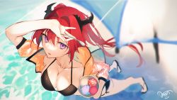 Rule 34 | arknights, arm up, beach, beach umbrella, bikini, black bikini, breasts, cleavage, collarbone, cup, food, foreshortening, from above, full body, highres, holding, holding spoon, horns, ice cream, jacket, large breasts, light rays, long hair, long sleeves, looking at viewer, looking up, open clothes, open jacket, open mouth, pink jacket, purple eyes, rean (r ean), red hair, signature, spoon, standing, sunbeam, sunlight, surtr (arknights), swimsuit, umbrella, very long hair, water