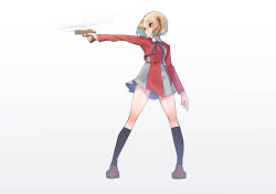 Rule 34 | 1girl, absurdres, blonde hair, brown footwear, closed mouth, dress, full body, gradient background, grey background, gun, handgun, highres, holding, holding gun, holding weapon, loafers, long sleeves, lycoris recoil, nishikigi chisato, red dress, red eyes, ringobatake, shoes, short hair, smile, socks, solo, standing, thighs, two-tone dress, uniform, weapon