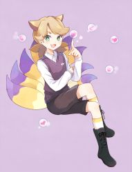 Rule 34 | 10s, 1boy, animal ears, bad id, bad pixiv id, boots, brown hair, fox ears, fox tail, full body, green eyes, heart, kemonomimi mode, kitsune, kyuntama, kyuubi, kyuubi (youkai watch), male focus, mei (maysroom), multiple tails, open mouth, personification, purple background, shorts, simple background, sitting, solo, sweater vest, tail, traditional youkai, youkai watch