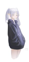 Rule 34 | 1girl, absurdres, black hoodie, blue eyes, blush, closed mouth, cropped legs, dated, drawstring, earrings, frieren, from side, grey hair, hands in pockets, highres, hood, hood down, hoodie, jewelry, legs together, long hair, long sleeves, looking at viewer, no pants, parted bangs, pointy ears, sidelocks, simple background, solo, sousou no frieren, tassel, tassel earrings, twintails, white background, yasashihito