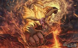 Rule 34 | capcom, clenched hands, fur, highres, horns, monster, monster hunter (series), official art, pelagus, rajang, red eyes, scar, tail, volcano