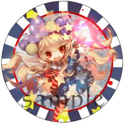 Rule 34 | 1girl, american flag dress, american flag legwear, blonde hair, blush, clownpiece, fairy wings, fire, hat, highres, jester cap, jpeg artifacts, long hair, neck ruff, no-kan, open mouth, pantyhose, polka dot, red eyes, round image, sample watermark, short sleeves, simple background, smile, solo, star (symbol), striped, torch, touhou, very long hair, watermark, white background, wings