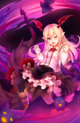 Rule 34 | 10s, 1girl, ;d, bat (animal), bat wings, black skirt, black thighhighs, blonde hair, blush, claw pose, fangs, flower, frilled skirt, frills, granblue fantasy, head wings, highres, long hair, long sleeves, looking at viewer, one eye closed, open mouth, pointy ears, red eyes, red flower, red rose, ricegnat, rose, shingeki no bahamut, shirt, skirt, smile, solo, thighhighs, vampire, vampy, white shirt, wings