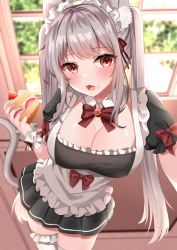 Rule 34 | 1girl, animal ear fluff, animal ears, apron, black dress, blurry, blurry background, blush, bow, breasts, cake, cake slice, cat ears, cat girl, cat tail, cleavage, commentary request, depth of field, dress, fang, food, food on face, frilled apron, frilled thighhighs, frills, grey hair, hair bow, highres, holding, holding food, indoors, katsushika pachi, long hair, maid, maid headdress, medium breasts, original, pleated dress, puffy short sleeves, puffy sleeves, red bow, red eyes, short sleeves, solo, standing, tail, thighhighs, twintails, very long hair, white apron, white thighhighs, window