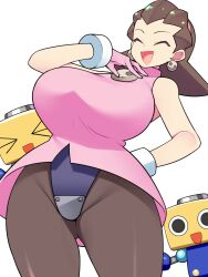 Rule 34 | 1girl, bellupup, black pantyhose, breasts, brown hair, closed eyes, cowboy shot, diadem, dot nose, dress, female focus, green eyes, highres, large breasts, leotard, long hair, looking at viewer, mega man (series), mega man legends (series), open mouth, pantyhose, pink dress, shiny clothes, smile, smug, standing, thick thighs, thighs, tron bonne (mega man), white background, wide hips