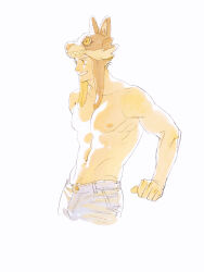 Rule 34 | 1boy, animal hat, bokuto koutarou, chengongzi123, cropped legs, denim, grin, haikyuu!!, hat, highres, jeans, looking to the side, male focus, nipples, pants, short hair, simple background, smile, toned, toned male, topless male, very short hair, white background, white hair, wolf hat, yellow eyes