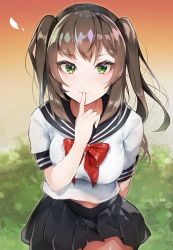 Rule 34 | 1girl, absurdres, arm behind back, black sailor collar, black skirt, blush, bow, bowtie, breasts, brown hair, bush, closed mouth, commentary, cowboy shot, eyelashes, facing viewer, finger to mouth, floating, floating hair, gradient background, green eyes, hair between eyes, hand up, highres, leaning forward, long hair, looking at viewer, medium breasts, mole, mole under mouth, original, pleated skirt, red sky, sailor collar, school uniform, serafuku, shirt, short sleeves, skirt, sky, smile, solo, standing, tsurime, twintails, white shirt, yayoichi (yoruyoru108)