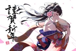 Rule 34 | 1girl, artist name, artist request, bare shoulders, black hair, blunt bangs, breasts, check commentary, check translation, cleavage, closed eyes, collarbone, commentary request, female focus, floating hair, floral print, flower print, headphones, headset, japanese clothes, kimono, kurosawa dia, long hair, looking at viewer, love live!, love live! sunshine!!, medium breasts, mole, mole under mouth, musical note, nail, nail polish, petals, pink nails, pink petals, red kimono, solo, translated, translation request, upper body, white background, wide sleeves
